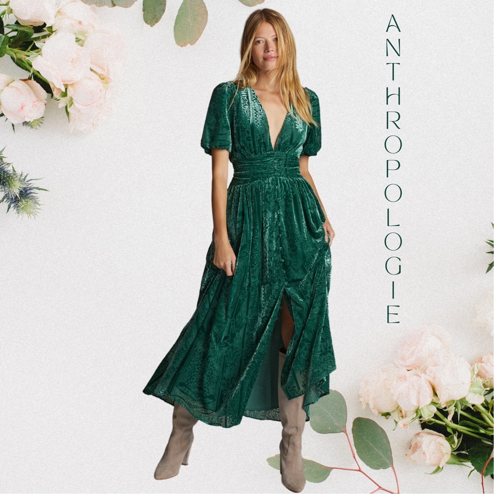 🌼✨ NWT ANTHROPOLOGIE PUFF SLEEVE BURN OUT MAXI DRESS GREEN VELVET ✨🌼
